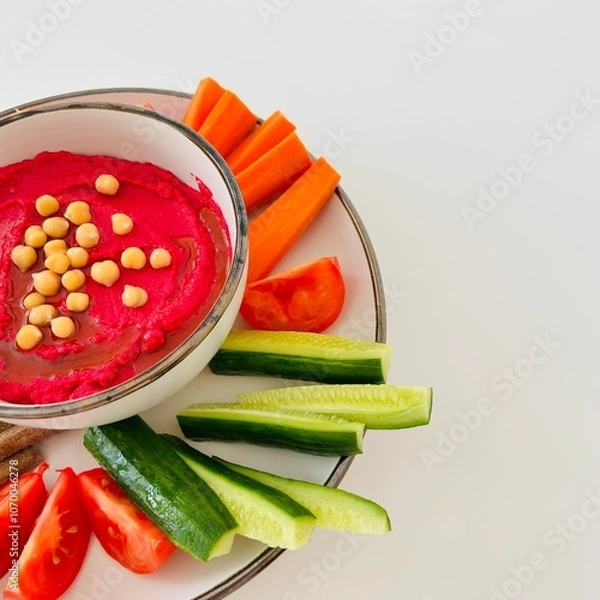 Fototapeta Beet Hummus Dip with Chickpeas on Top and Vegetables on Plate