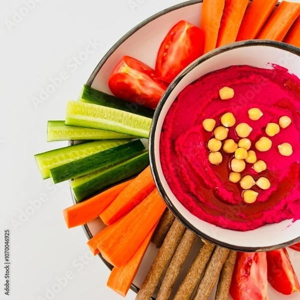 Obraz Beet Hummus Dip with Chickpeas on Top and Vegetables on Plate