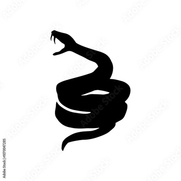 Fototapeta とぐろを巻き鎌首をもたげ牙をむいた蛇のモノクロシルエットイラスト