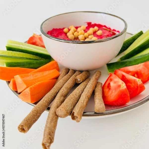 Fototapeta Beet Hummus Dip with Chickpeas on Top and Vegetables on Plate