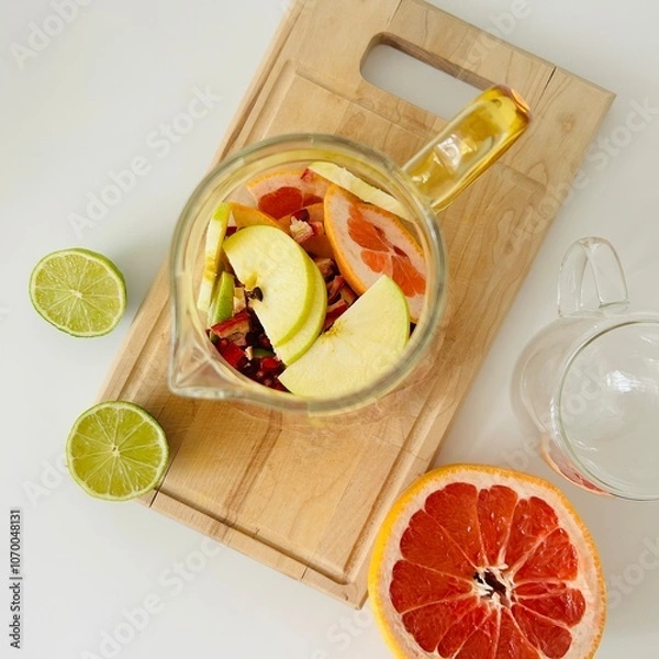 Fototapeta Jug of Tasty Citrus Tea with Lime and Apples