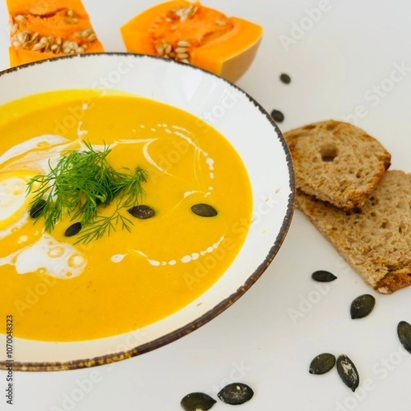 Fototapeta Pumpkin Soup with Coconut Cream in Bowl with Toast