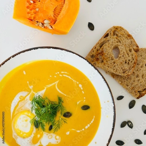 Fototapeta Pumpkin Soup with Coconut Cream in Bowl with Toast
