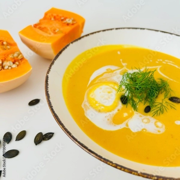 Fototapeta Pumpkin Soup with Coconut Cream in Bowl with Toast