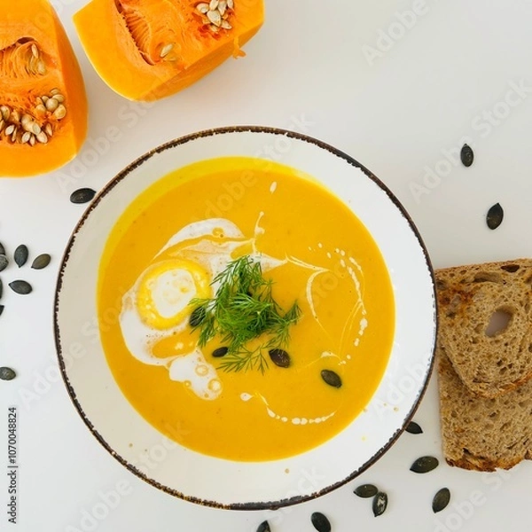 Fototapeta Pumpkin Soup with Coconut Cream in Bowl with Toast