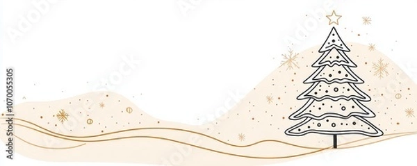 Fototapeta A simple, stylized illustration of a Christmas tree set against a snowy landscape.