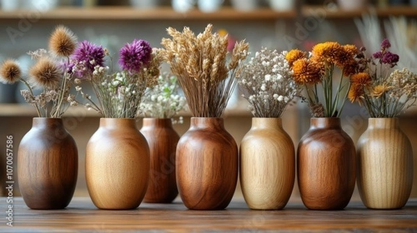 Obraz Dried Flower Arrangement in Wooden Vases
