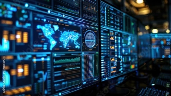 Obraz A close-up of a cybersecurity software interface used by a telecommunications company, where network threats such as malware and DDoS attacks are monitored and mitigated