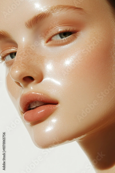 Obraz Portrait of a young woman with a clean, fresh face and luminous skin, captured in studio lighting with a sophisticated gaze.