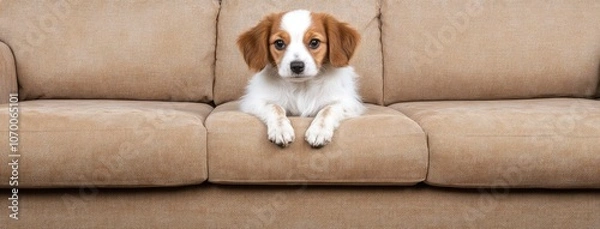 Fototapeta A playful puppy lounging on a cozy sofa with subtle stains, enjoying a moment of relaxation in a warm home environment