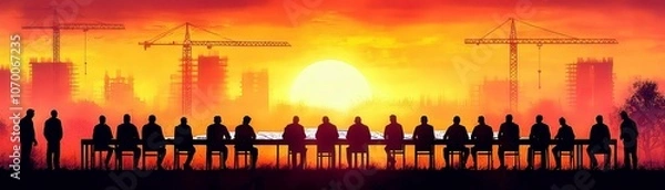 Obraz Group Meeting Against Dramatic Sunset Backdrop