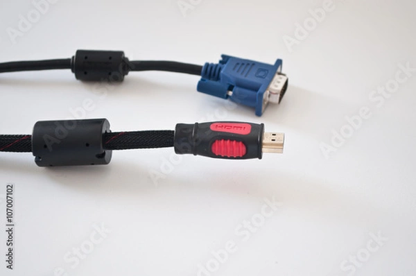 Obraz Cables on the white background  HDMI and DVI