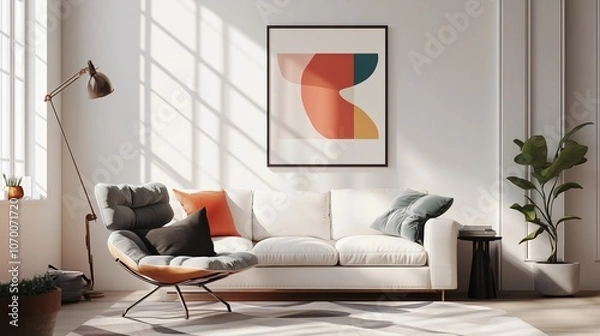 Fototapeta Modern living room featuring a stylish sofa, vibrant artwork, and a touch of greenery in a bright, sunlit space