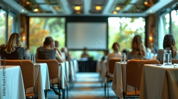 Fototapeta A dynamic image of a seminar being held in a hotel meeting room, where rows of attendees are listening to a speaker, showcasing how the venue is perfect for both small and large corporate events