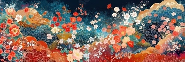 Fototapeta Vibrant and colorful floral painting with abstract elements, showcasing blooming flowers in a blend of warm and cool tones on a dark background.