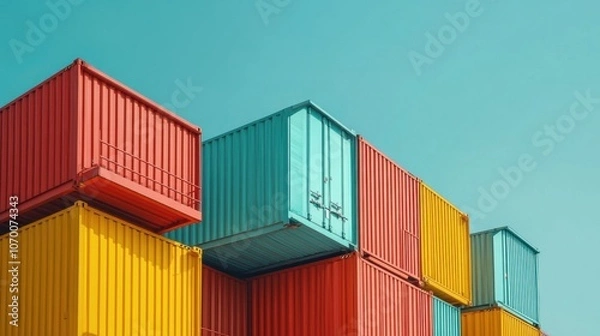 Fototapeta Vibrant shipping containers stacked against a clear blue sky in an industrial port creating an artistic urban landscape. Generative AI