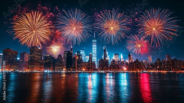 Fototapeta NYC Fireworks Extravaganza: A breathtaking display of fireworks explodes over the iconic New York City skyline, painting the night sky with vibrant colors and reflecting in the tranquil waters.