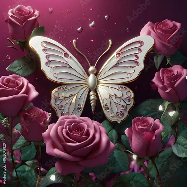 Fototapeta a romantic fantasy scene featuring a soft fuchsia and white rose with an elegantly inscribed heart