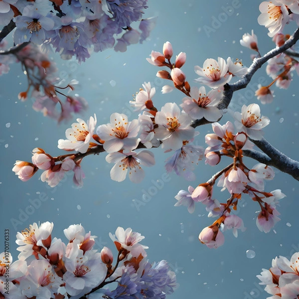 Fototapeta a cherry blossom branch with lavender and sky-blue petals, each petal glowing softly against a snowy background