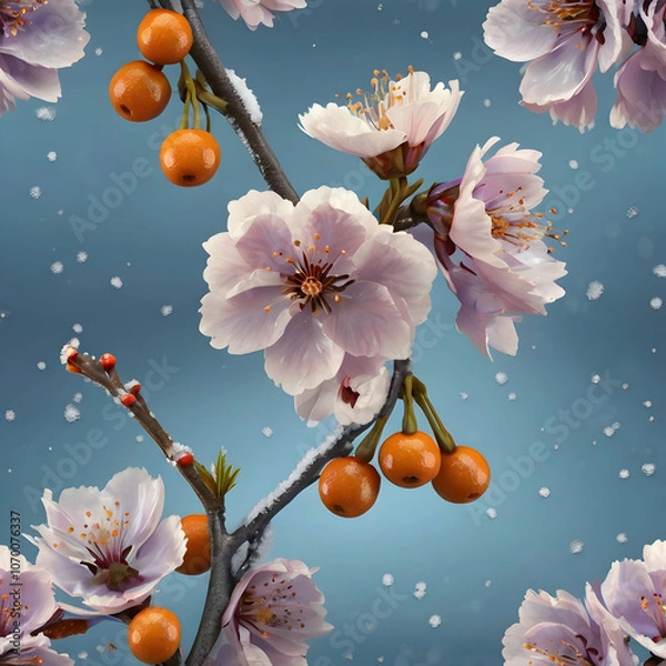 Fototapeta a cherry blossom branch with lavender and sky-blue petals, each petal glowing softly against a snowy background