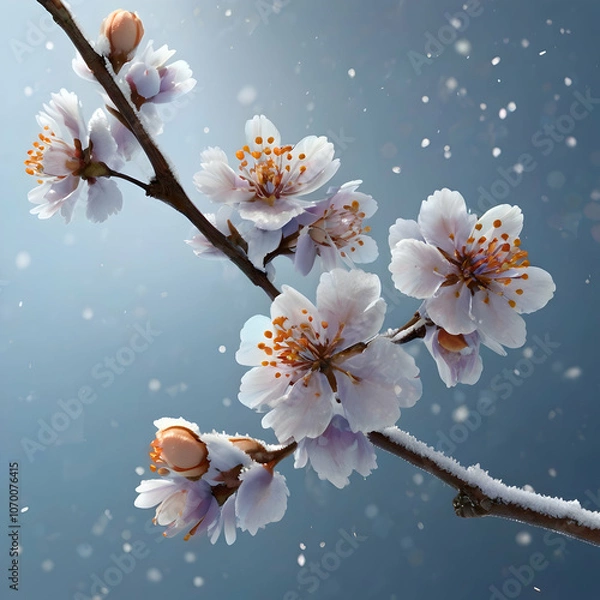 Fototapeta a cherry blossom branch with lavender and sky-blue petals, each petal glowing softly against a snowy background