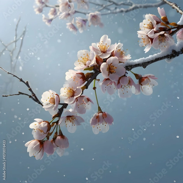 Fototapeta a cherry blossom branch with lavender and sky-blue petals, each petal glowing softly against a snowy background