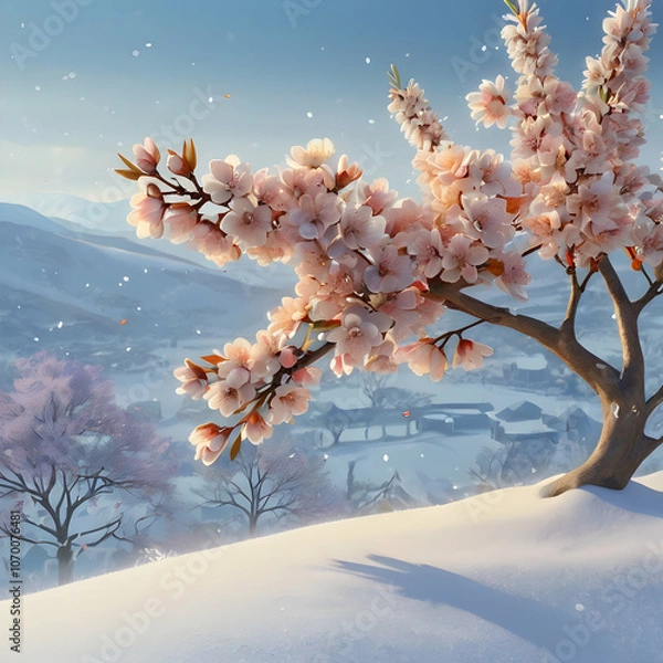 Fototapeta a cherry blossom branch with lavender and sky-blue petals, each petal glowing softly against a snowy background