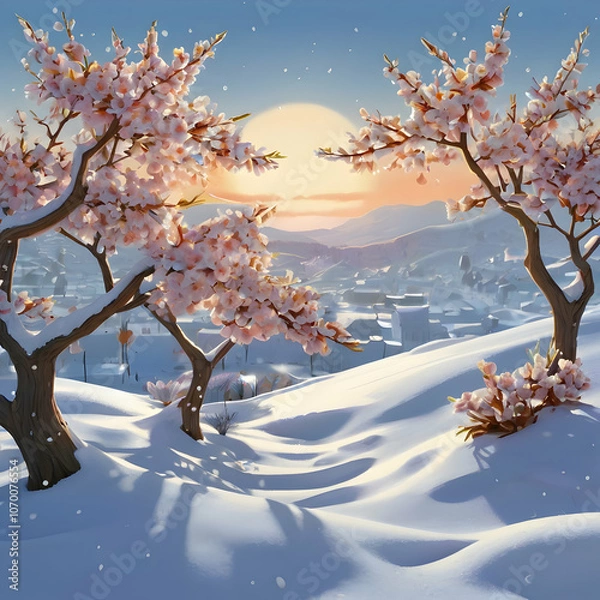 Fototapeta a cherry blossom branch with lavender and sky-blue petals, each petal glowing softly against a snowy background