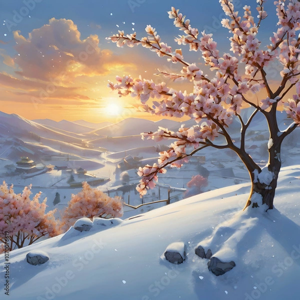 Fototapeta a cherry blossom branch with lavender and sky-blue petals, each petal glowing softly against a snowy background