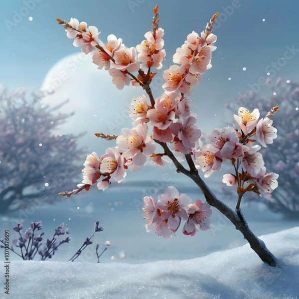 Fototapeta a cherry blossom branch with lavender and sky-blue petals, each petal glowing softly against a snowy background