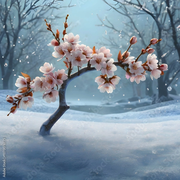 Fototapeta a cherry blossom branch with lavender and sky-blue petals, each petal glowing softly against a snowy background