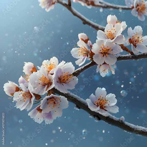 Fototapeta a cherry blossom branch with lavender and sky-blue petals, each petal glowing softly against a snowy background