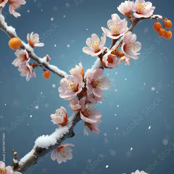 Fototapeta a cherry blossom branch with lavender and sky-blue petals, each petal glowing softly against a snowy background