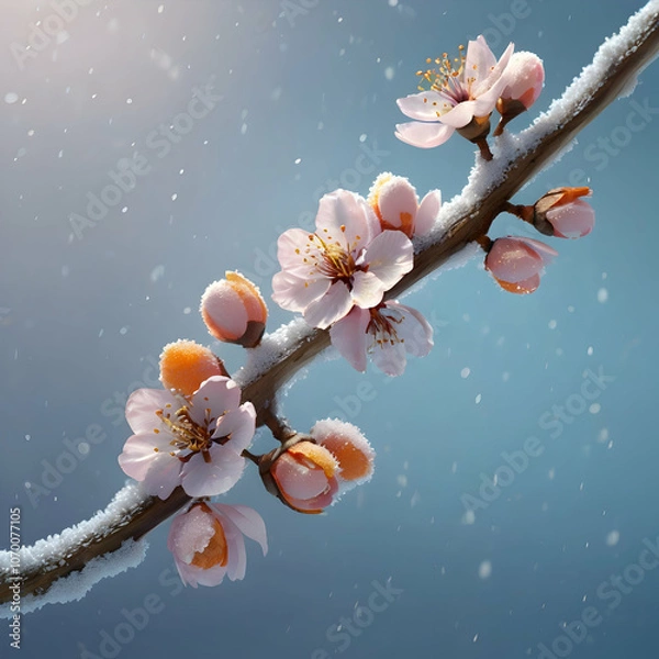 Fototapeta a cherry blossom branch with lavender and sky-blue petals, each petal glowing softly against a snowy background