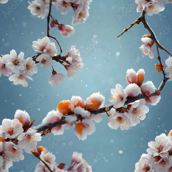 Fototapeta a cherry blossom branch with lavender and sky-blue petals, each petal glowing softly against a snowy background