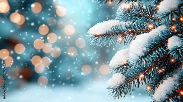 Obraz Celebrate the magic of winter with sparkling snow-covered pine trees illuminated by twinkling lights