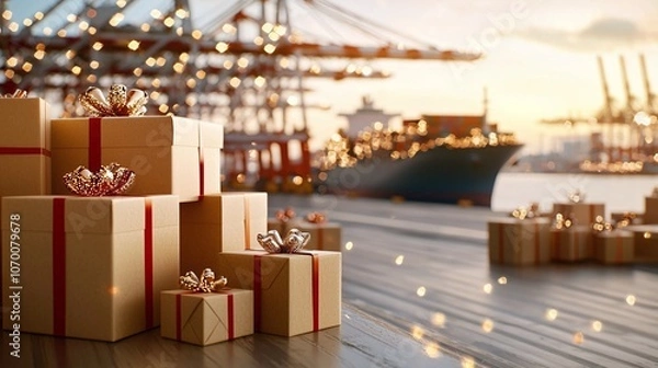 Fototapeta Logistic Christmas and New Year concept. A picturesque scene of wrapped gifts at a dockside, with a cargo ship and cranes in the background,  embodying a festive yet industrial atmosphere at sunset.