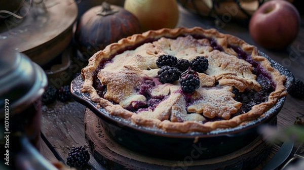 Fototapeta Rustic Blackberry Cobbler with Golden Lattice Crust