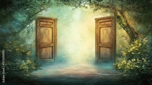 Fototapeta Two wooden doors open to a mystical path in a lush green forest with sunlight shining through.