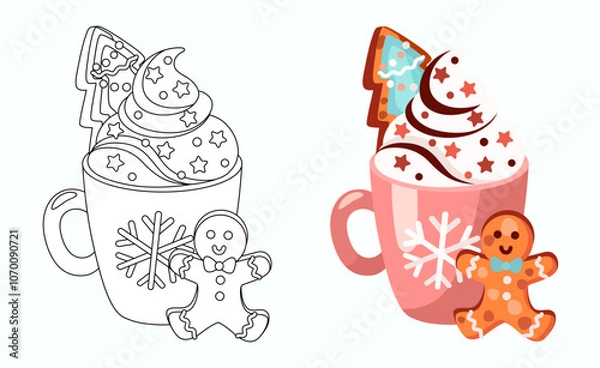 Obraz Cocoa with whiped cream and gingerbread vector illustration. Coloring page for kids