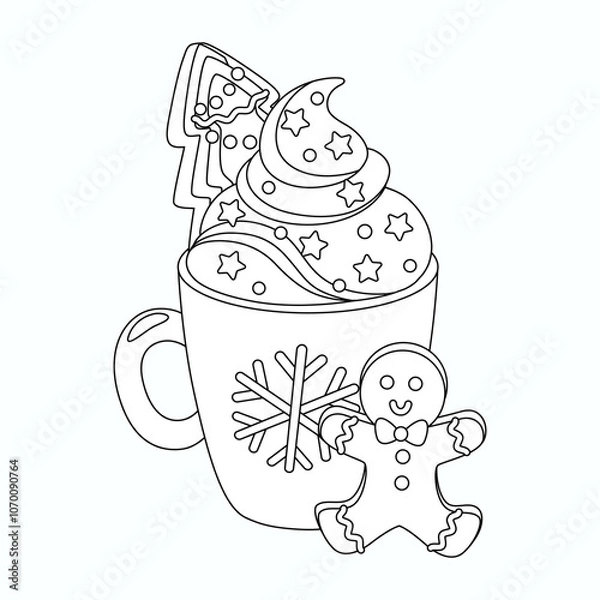Obraz Cocoa with whiped cream and gingerbread vector illustration. Coloring page for kids