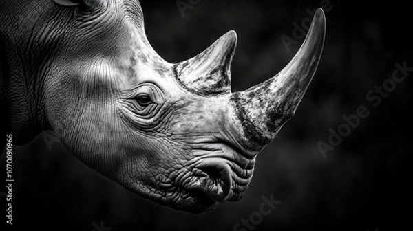 Fototapeta Close-up portrait of a rhinoceros in black and white, showing its powerful horn and wrinkled skin.