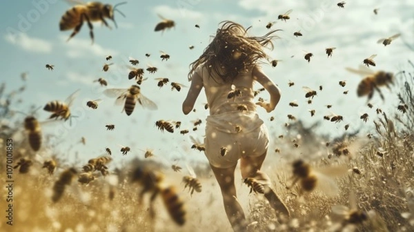 Fototapeta Frantic individual fleeing from a swarm of bees with fear and chaotic energy. AI generated