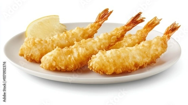 Fototapeta Golden-brown shrimp tempura arranged on a clean white plate, set against a white background, capturing the delicious crispiness.