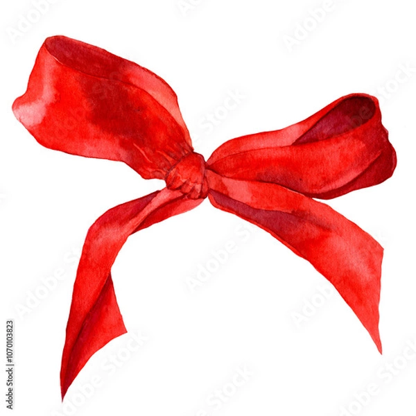 Fototapeta Watercolor hand drawn shiny red bow with knot isolated on white background. Illustration of textile silk bow-knot. Decorative element for holiday covers. Design for invites, packaging, prints, blanks.
