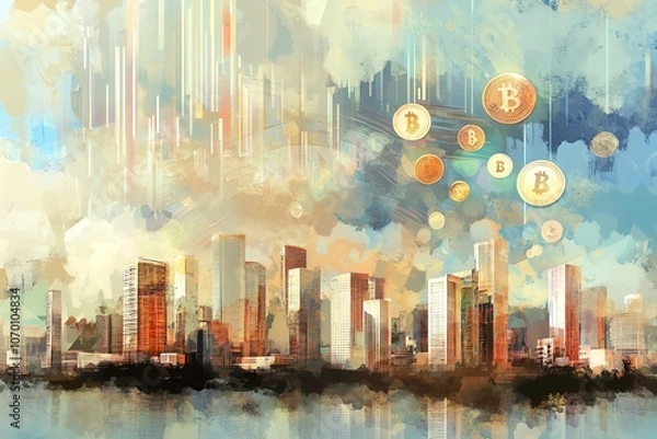 Fototapeta Abstract painting of a city skyline with cryptocurrency coins falling from the sky.