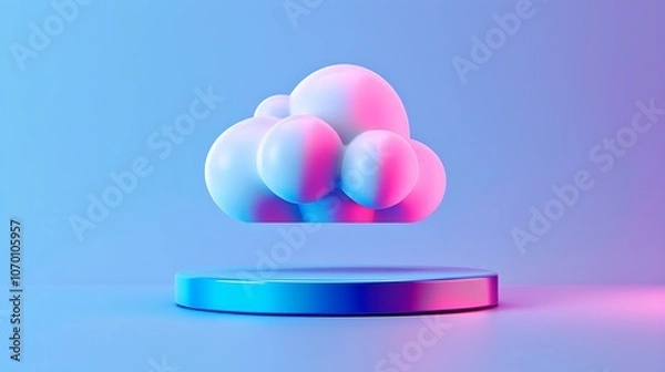 Fototapeta A 3D rendering of a fluffy cloud floating above a podium. The cloud is illuminated by a soft pink light, and the podium is a deep blue.
