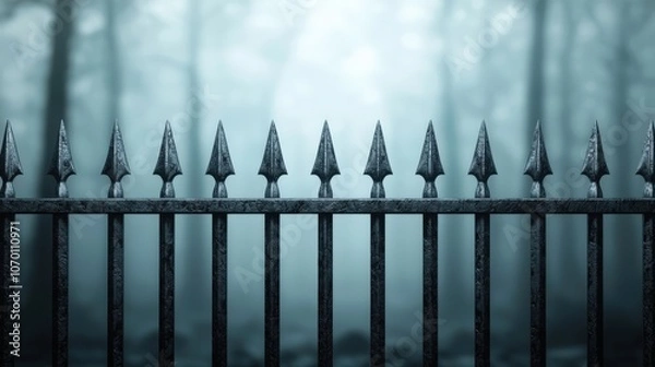 Fototapeta Wrought Iron Gate with Pointed Spikes against a Foggy Forest Background