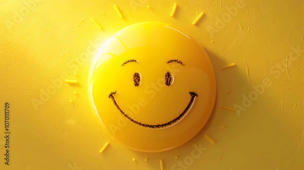 Fototapeta 3D rendering of a happy sun. The sun is made of a yellow sphere with a smiley face on it. The sphere is surrounded by a yellow background.