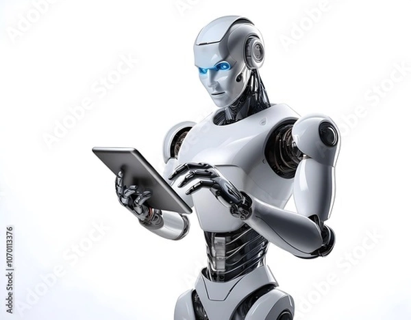 Fototapeta Futuristic Robot Interacting with Tablet on White Background"